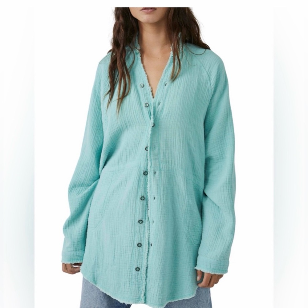 FREE PEOPLE Summer Daydream Tunic Button Blouse Top XL Teal Gauzy Spring
